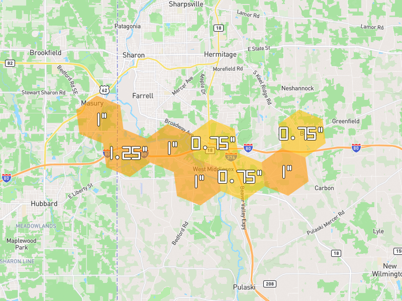 Hail map of West Middlesex, PA on Jul 10, 2026, hail up to 1.25"