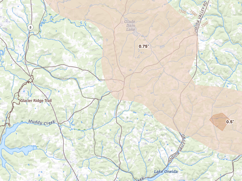 Radar-estimated hail-size map of the storm over West Sunbury, PA on Jul 3, 2026