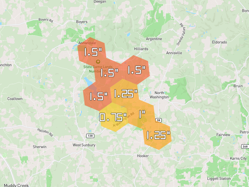 Hail map of West Sunbury, PA on Jul 4, 2026, hail up to 1.5"