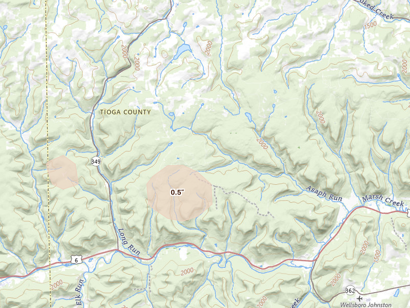 Radar-estimated hail-size map of the storm over Westfield, PA on Apr 15, 2026