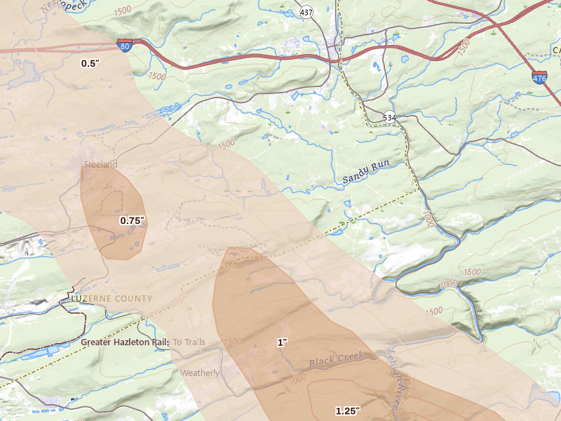 Radar-estimated hail-size map of the storm over White Haven, PA on Jul 15, 2026