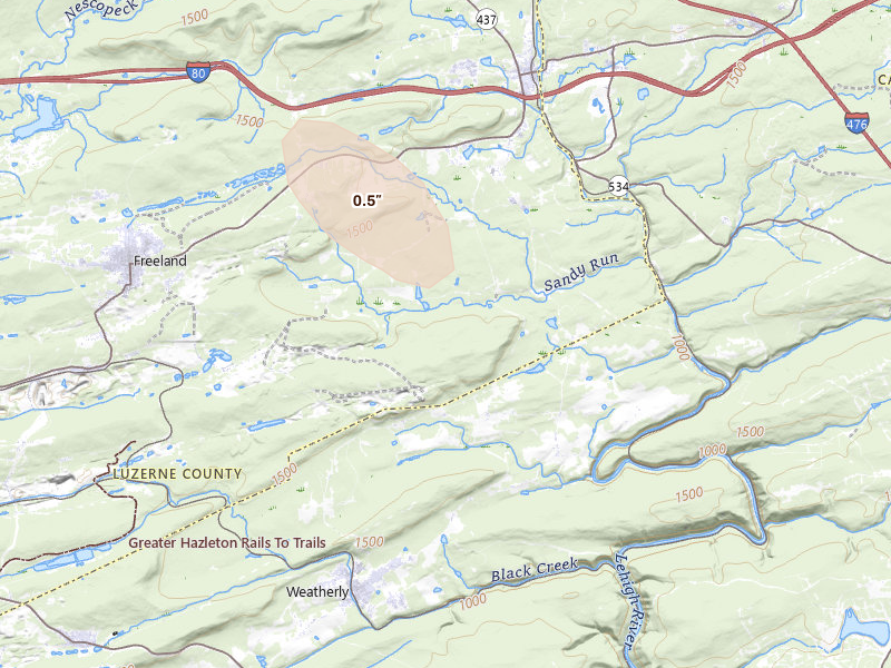 Radar-estimated hail-size map of the storm over White Haven, PA on Sep 1, 2026