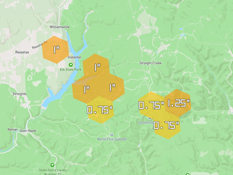 Hail map of Wilcox, PA on Jul 4, 2026, hail up to 1.25"