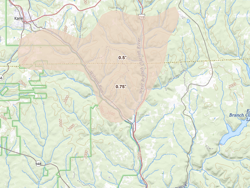 Radar-estimated hail-size map of the storm over Wilcox, PA on Aug 22, 2026
