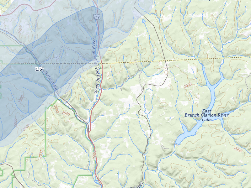 NEXRAD radar-signature map of the hail storm over Wilcox, PA on Aug 22, 2026