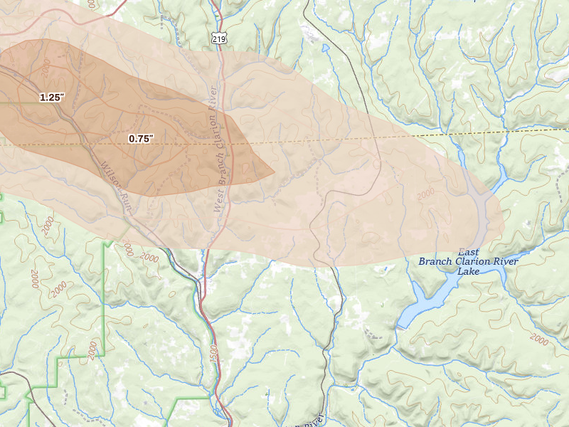 Radar-estimated hail-size map of the storm over Wilcox, PA on Sep 1, 2026