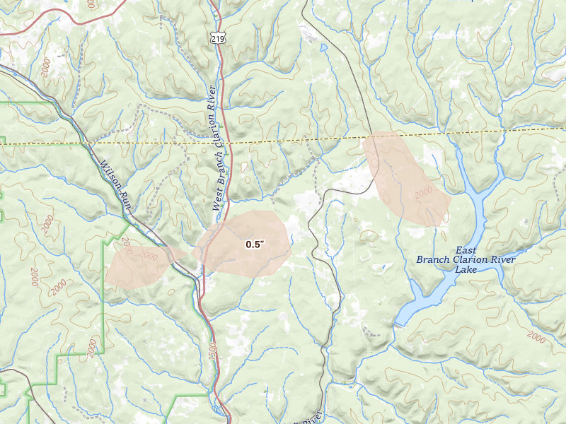 Radar-estimated hail-size map of the storm over Wilcox, PA on Sep 2, 2026