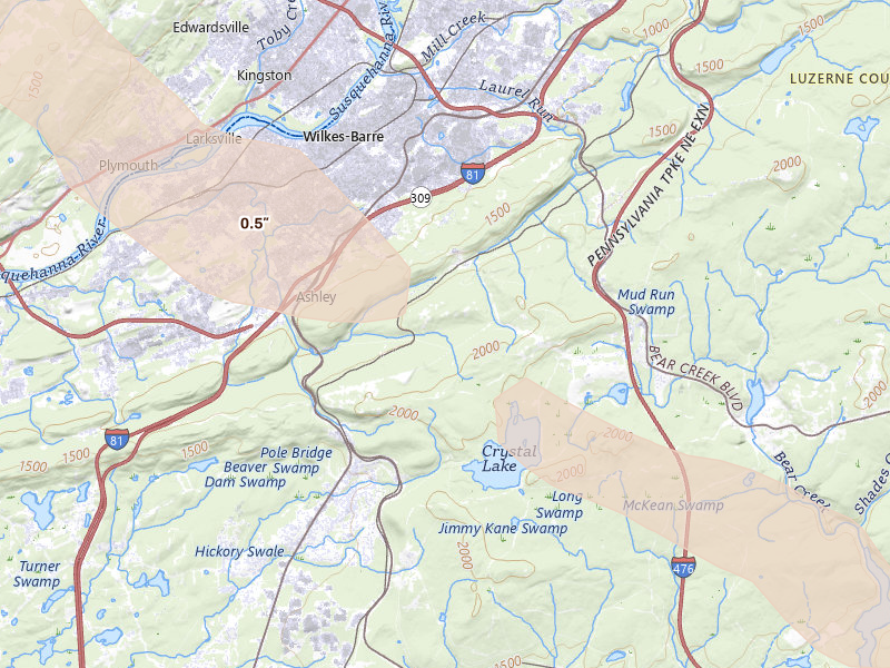Radar-estimated hail-size map of the storm over Wilkes Barre, PA