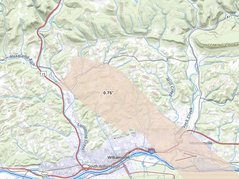 Radar-estimated hail-size map of the storm over Williamsport, PA on Jul 15, 2026