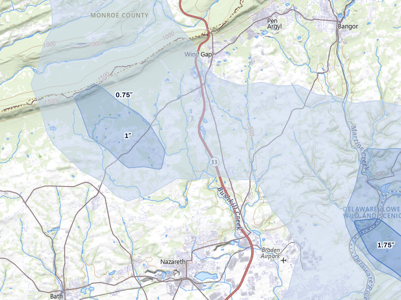 NEXRAD radar-signature map of the hail storm over Wind Gap, PA on Jul 3, 2026