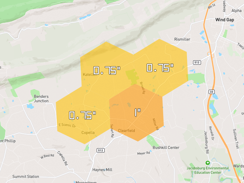 Hail map of Wind Gap, PA on Jul 3, 2026, hail up to 1"