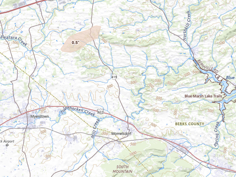 Radar-estimated hail-size map of the storm over Womelsdorf, PA on Aug 7, 2026