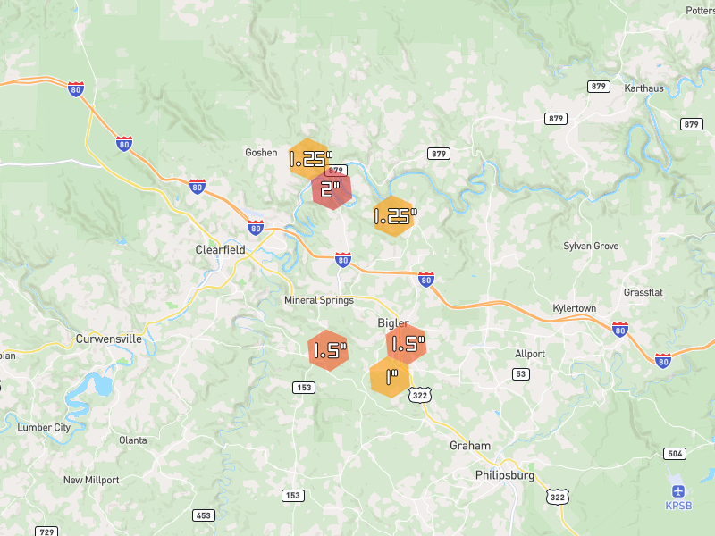Hail map of Woodland, PA on Jul 4, 2026, hail up to 2"