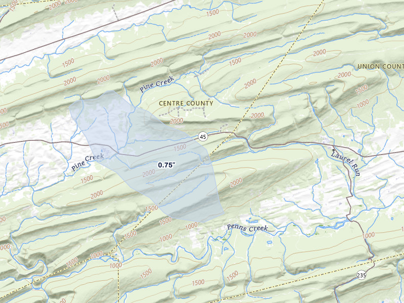 NEXRAD radar-signature map of the hail storm over Woodward, PA on Jul 3, 2026