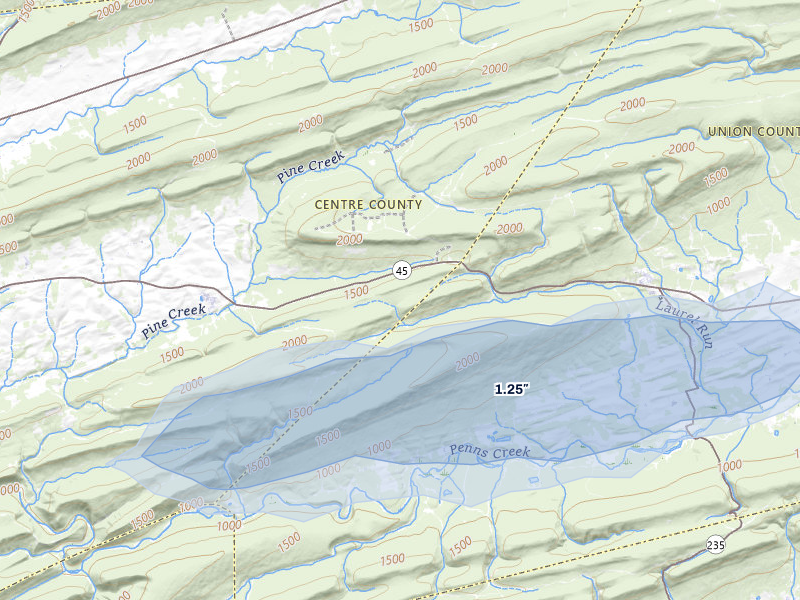 NEXRAD radar-signature map of the hail storm over Woodward, PA on Jul 4, 2026