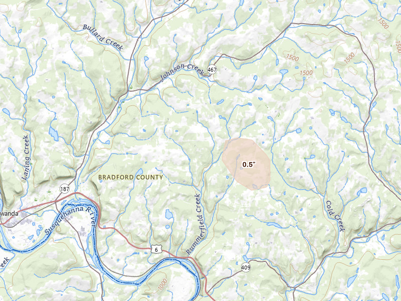 Radar-estimated hail-size map of the storm over Wyalusing, PA on Jun 11, 2026