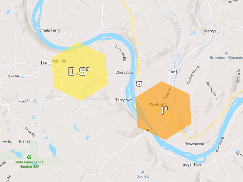 Hail map of Wyalusing, PA on Jul 1, 2026, hail up to 1"