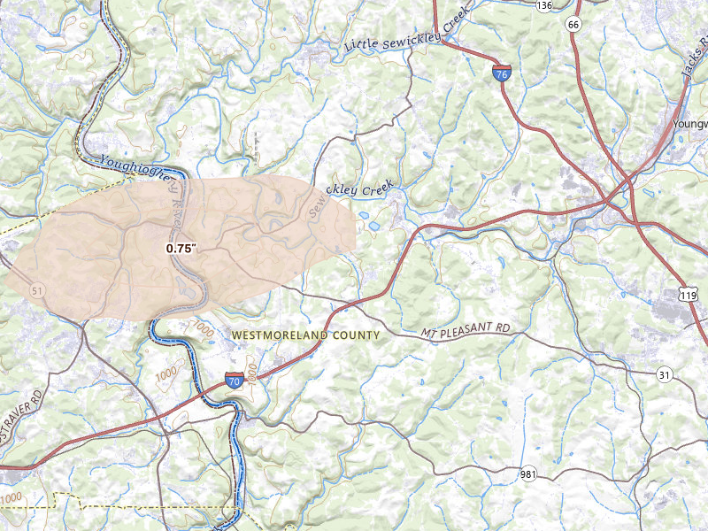 Radar-estimated hail-size map of the storm over Wyano, PA on May 13, 2026