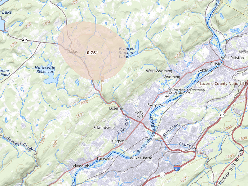 Radar-estimated hail-size map of the storm over Wyoming, PA on Jul 27, 2026