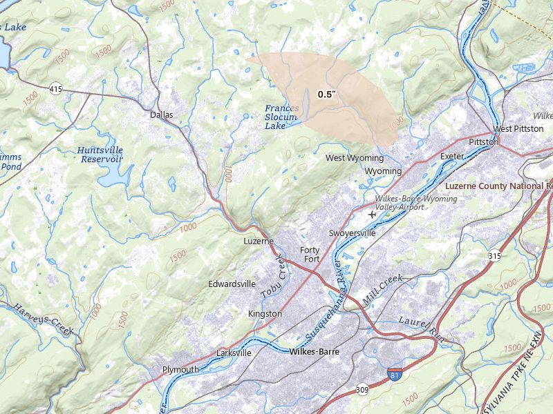 Radar-estimated hail-size map of the storm over Wyoming, PA on Aug 11, 2026