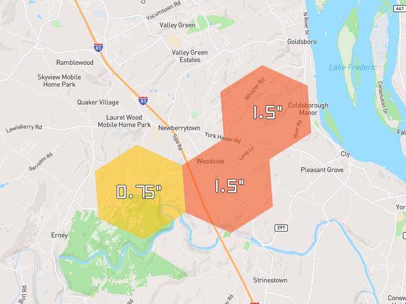 Hail map of York Haven, PA on Jul 4, 2026, hail up to 1.5"