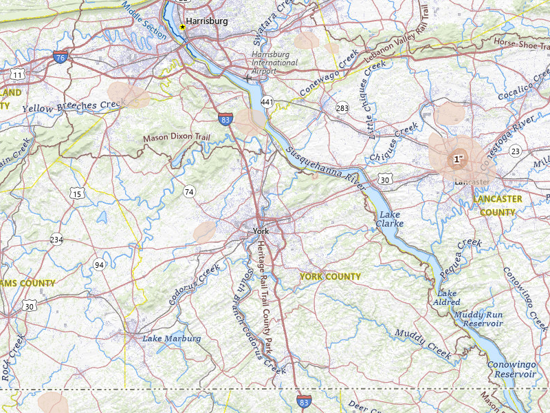 Radar-estimated hail-size map of the storm over York, PA on Jul 4, 2026