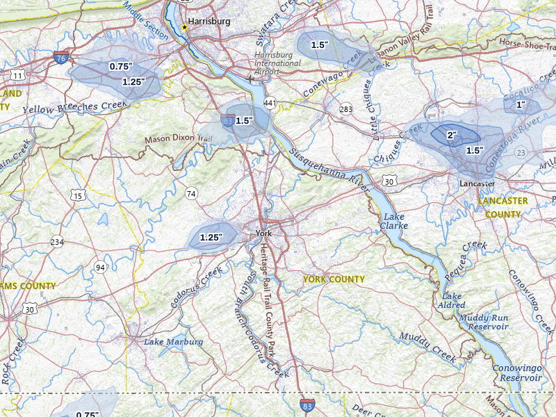 NEXRAD radar-signature map of the hail over York, PA