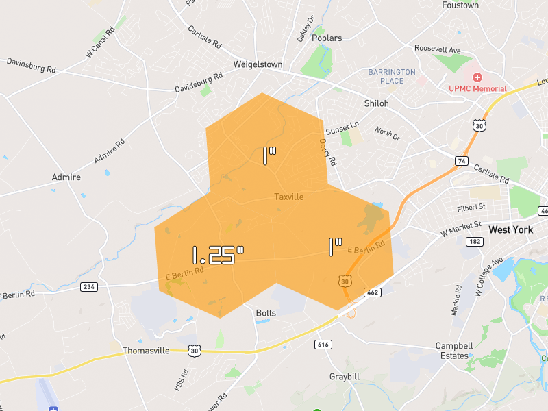 Hail map of York, PA on Jul 4, 2026, hail up to 1.25"