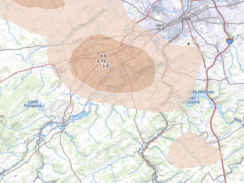 Radar-estimated hail-size map of the storm over York, PA on Aug 10, 2026