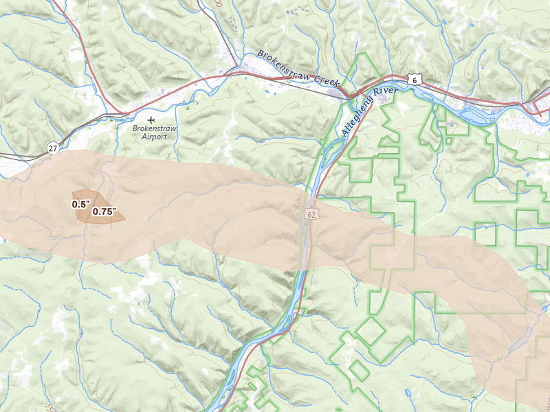Radar-estimated hail-size map of the storm over Youngsville, PA on Jul 4, 2026