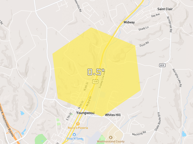Hail map of Youngwood, PA on Jul 4, 2026, hail up to 0.5"