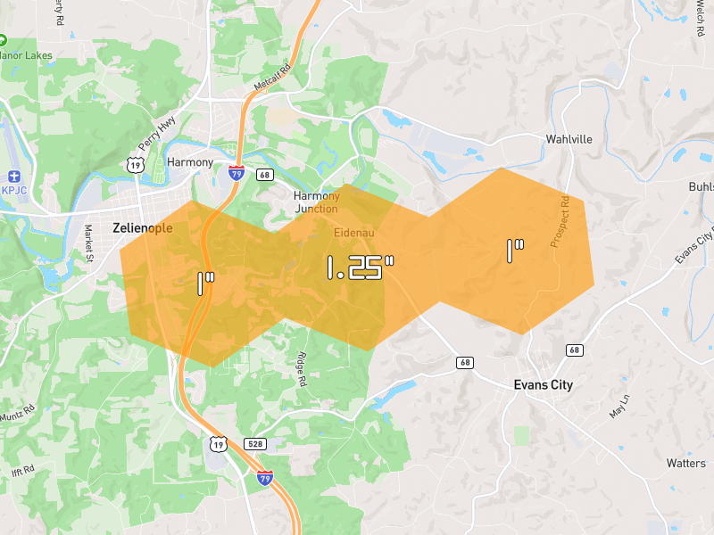 Hail map of Zelienople, PA on Jul 4, 2026, hail up to 1.25"