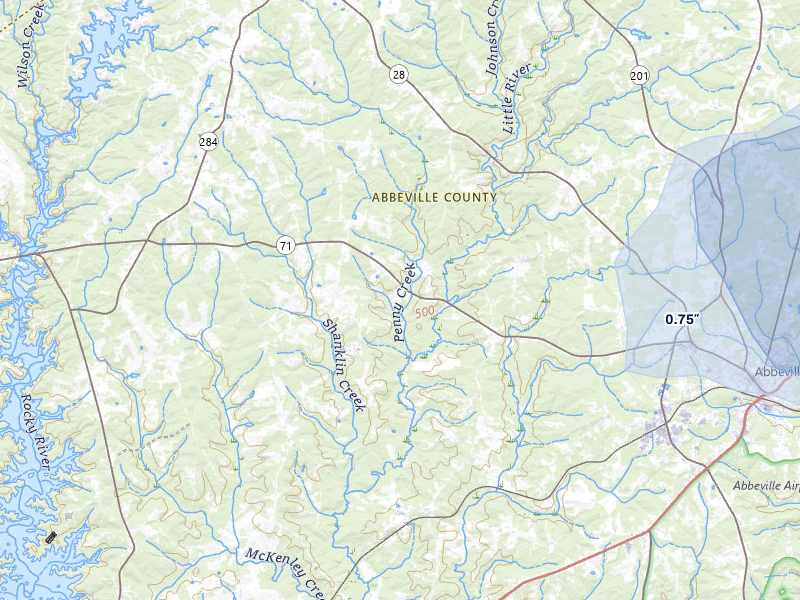 NEXRAD radar-signature map of the hail over Abbeville, SC