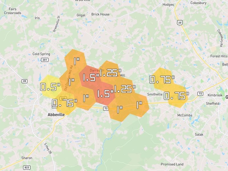 Hail map of Abbeville, SC on Jul 2, 2026, hail up to 1.5"