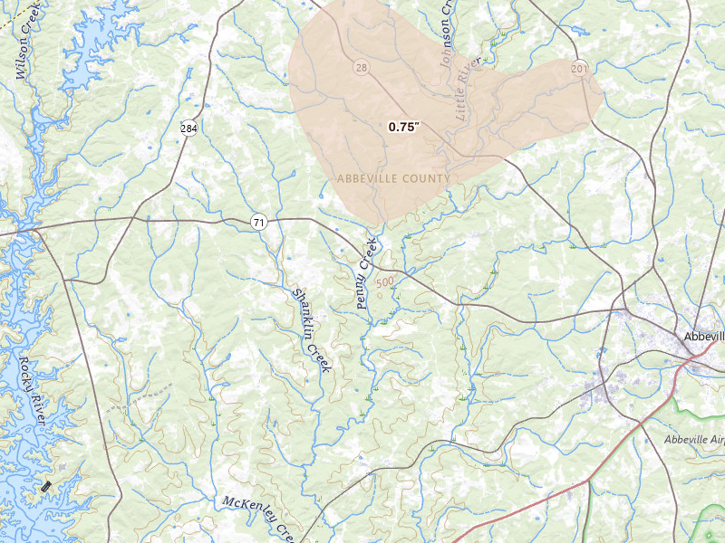 Radar-estimated hail-size map of the storm over Abbeville, SC on Jul 5, 2026