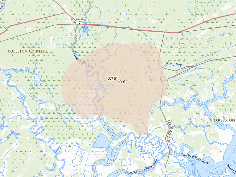Radar-estimated hail-size map of the storm over Adams Run, SC on Jul 10, 2026