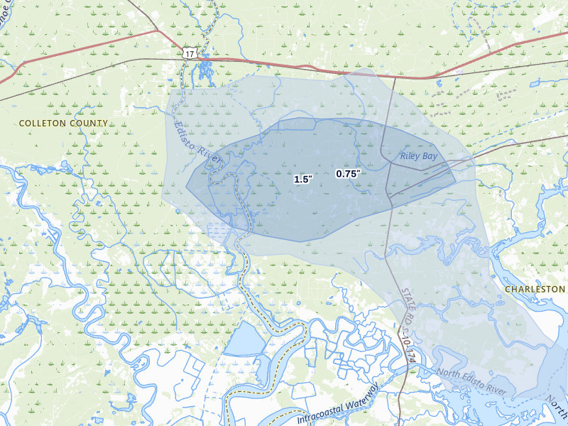 NEXRAD radar-signature map of the hail storm over Adams Run, SC on Jul 10, 2026