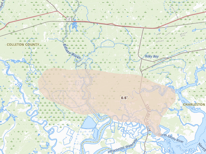 Radar-estimated hail-size map of the storm over Adams Run, SC on Aug 10, 2026