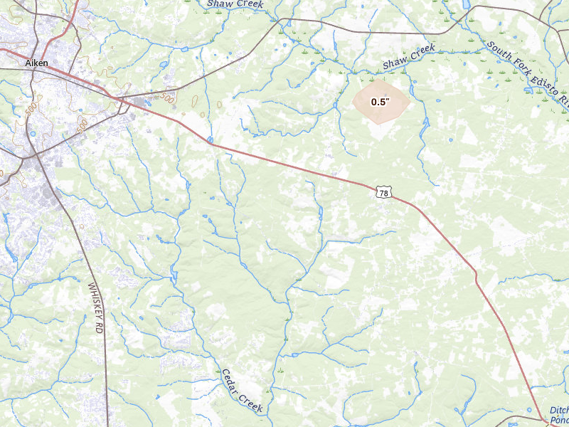 Radar-estimated hail-size map of the storm over Aiken, SC on Aug 10, 2026