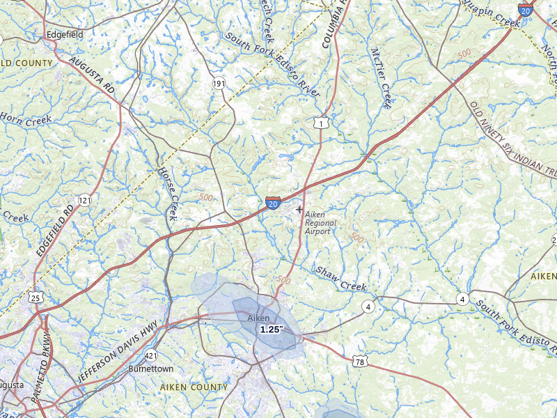 NEXRAD radar-signature map of the hail storm over Aiken, SC on Aug 13, 2026