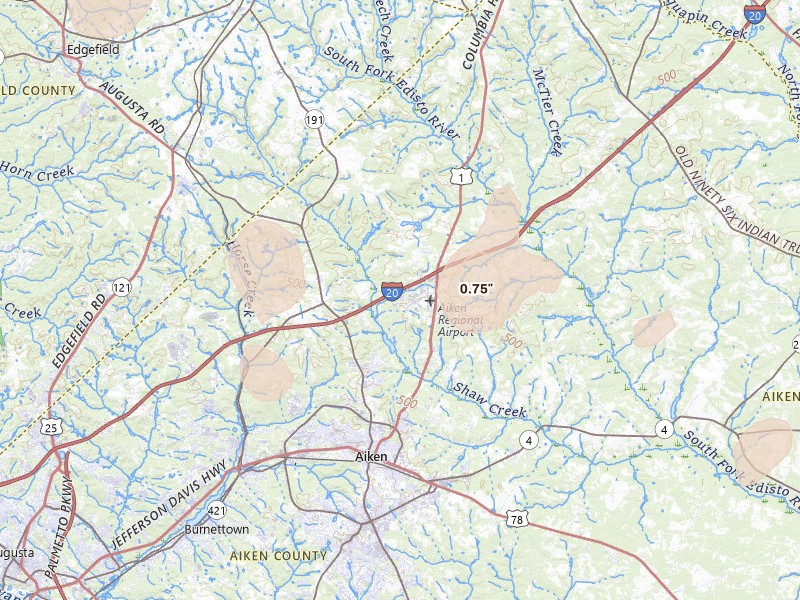 Radar-estimated hail-size map of the storm over Aiken, SC on Aug 21, 2026