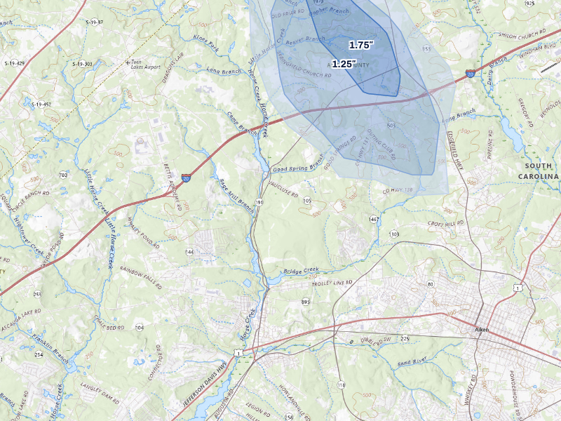 NEXRAD radar-signature map of the hail storm over Aiken, SC on Aug 21, 2026