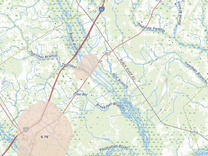 Radar-estimated hail-size map of the storm over Alcolu, SC on Jul 5, 2026
