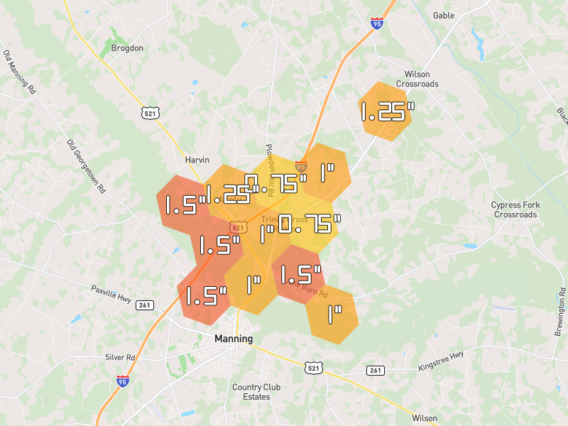 Hail map of Alcolu, SC on Jul 5, 2026, hail up to 1.5"