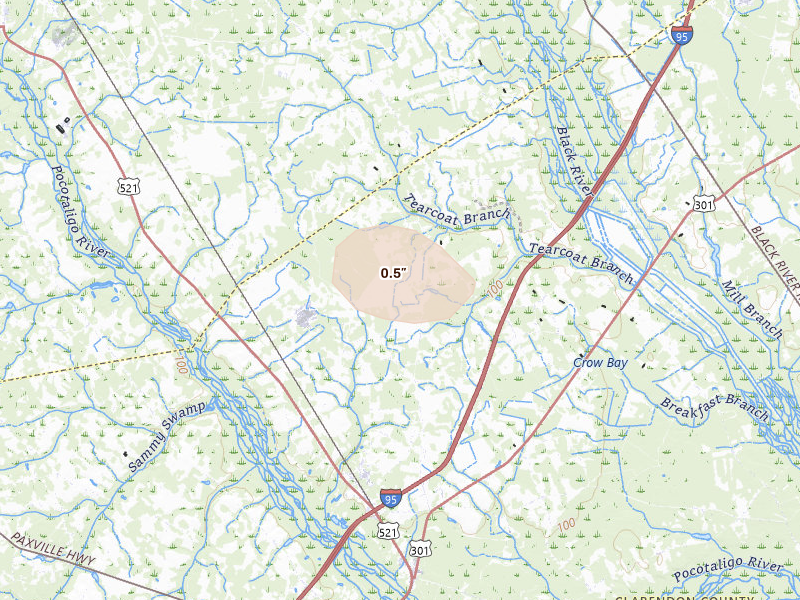 Radar-estimated hail-size map of the storm over Alcolu, SC on Aug 13, 2026