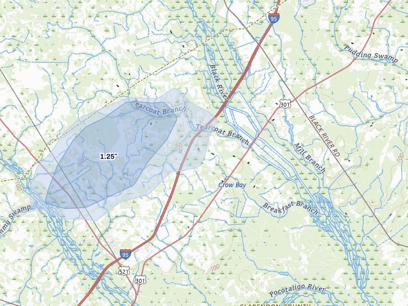 NEXRAD radar-signature map of the hail storm over Alcolu, SC on Aug 13, 2026