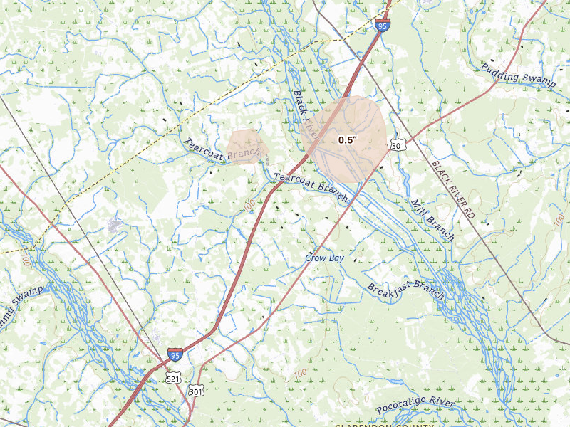 Radar-estimated hail-size map of the storm over Alcolu, SC on Aug 21, 2026