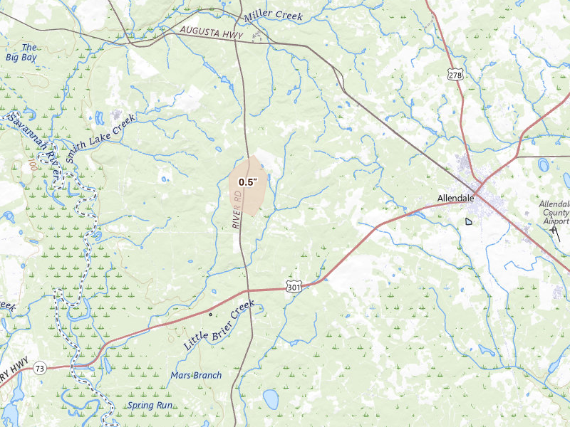 Radar-estimated hail-size map of the storm over Allendale, SC on Aug 6, 2026