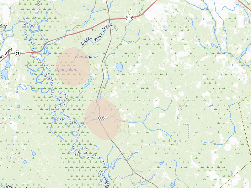 Radar-estimated hail-size map of the storm over Allendale, SC on Aug 20, 2026