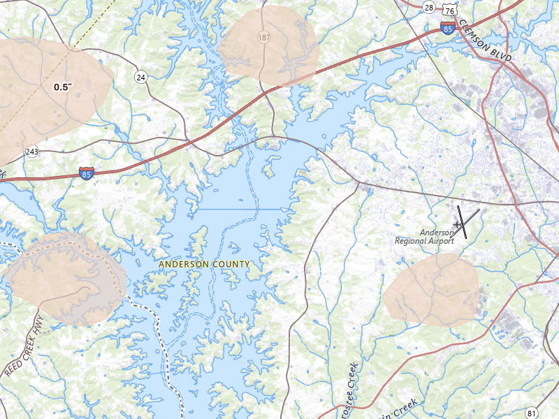 Radar-estimated hail-size map of the storm over Anderson, SC on Jul 2, 2026
